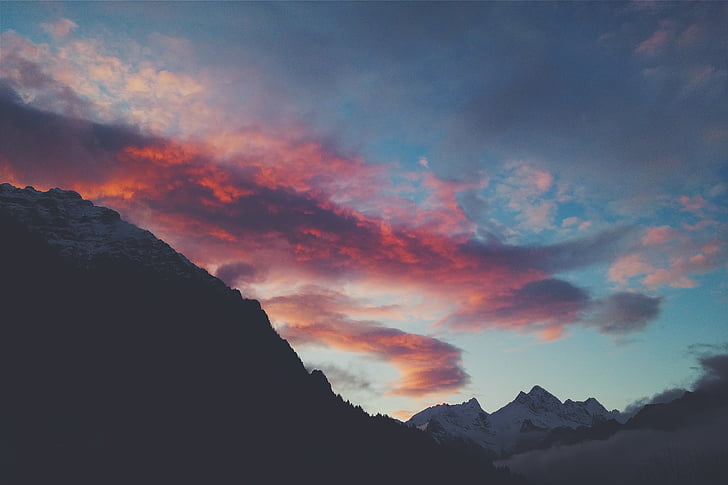 puesta de sol, montaña, rojo, negro, nubes, nube, paisaje