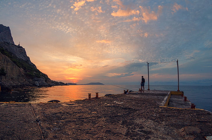 tramonto, mare, Crimea, Alba, pescatore, natura, tempo libero
