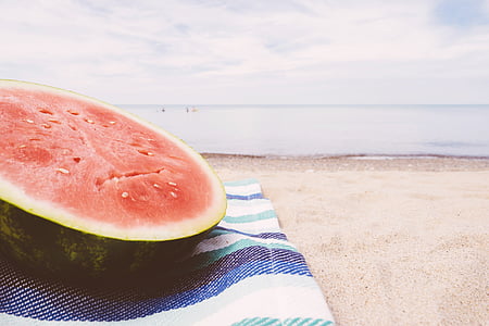stranden, strandliv, filt, närbild, mat, färsk, frukt