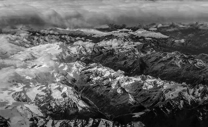 Въздушна снимка, облак фронт, алпийски, планини, небе, контраст, Швейцария