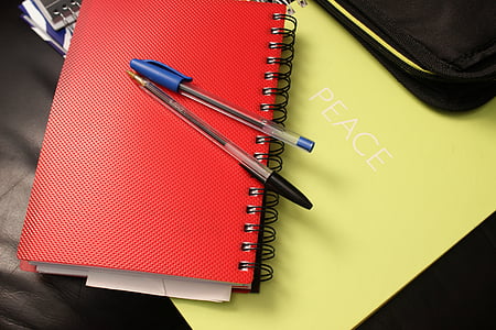 school, notebook, binders, notepad, book, pen, red