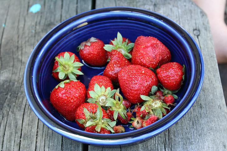markjordbær, Blue bowl, blå, bolle, mat, sunn, frisk