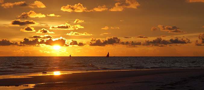 zachód słońca, Siesta key, Florida, morze, Plaża, Wybrzeże, pomarańczowe niebo