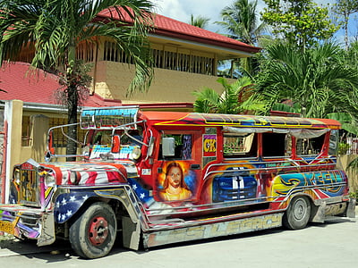 รถบัส, ปนีย์, มีสีสัน, ขนส่ง, ยานพาหนะ, สาธารณะ, ฟิลิปปินส์