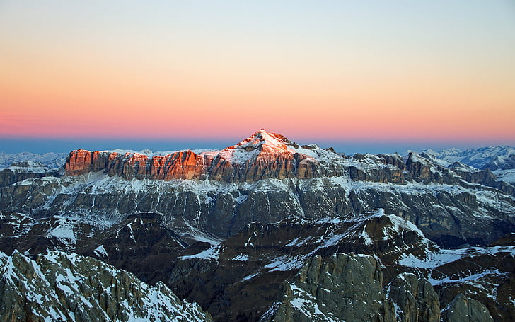 Aušros, Dolomitinės Alpės, masyvo balno, saulėtekio nuo marmolada, sattelberg, Italija, Alpės