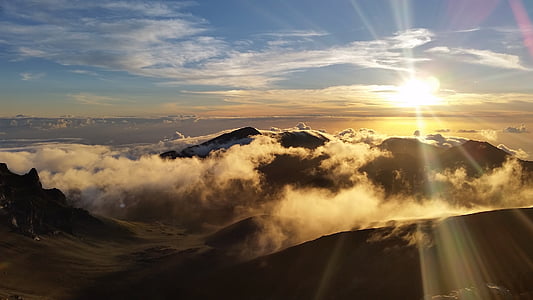 Haleakala, saullēkts, mākoņi, Hawaii, debesis, saulriets, mākonis - debesis