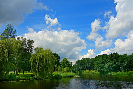 tó, Park, táj, festői, Naarden megszolgálási, Sky, kék ég