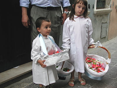 copii, flori, catolic, prima împărtăşanie, Italia, două persoane, copil