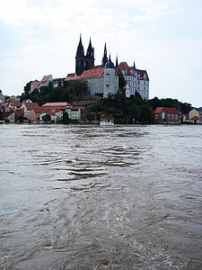 água de alto, Meissen, Elbe, inundação, atual, corrida, tempo chuvoso