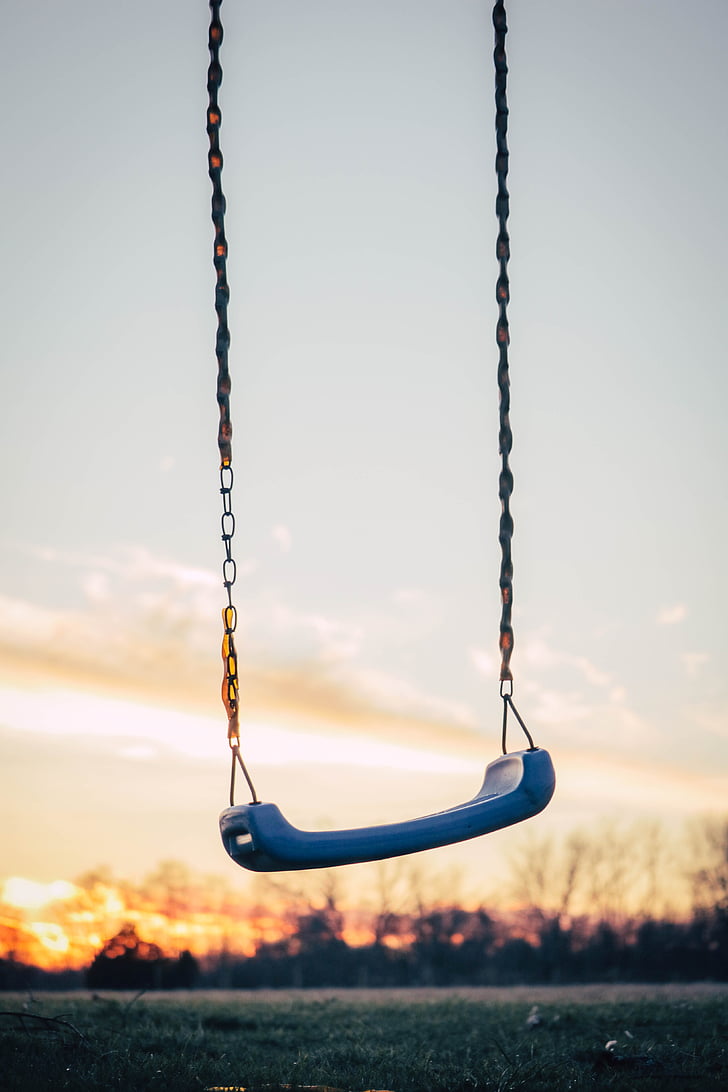 playground, swing, sit, chain, sunset, clouds, sky