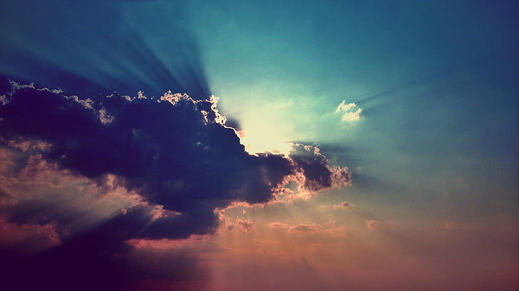 skyen, formasjon, dekker, solen, skyer, solnedgang, sollys