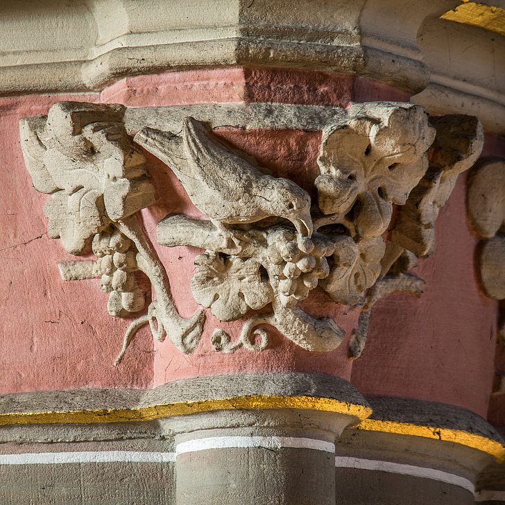 Pilar, capital, pájaro, uvas, Iglesia, ornamento de, arquitectura