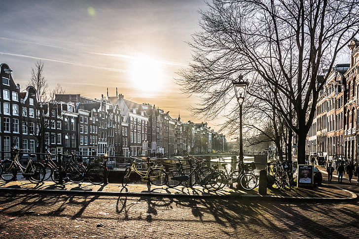 Amsterdam, thành phố, Bridge, sông, mặt trời, xây dựng, kiến trúc