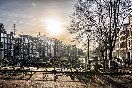 Амстердам, город, мост, Река, Солнце, здание, Архитектура