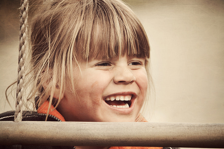 child, girl, face, blond, laugh, retro look, old photo