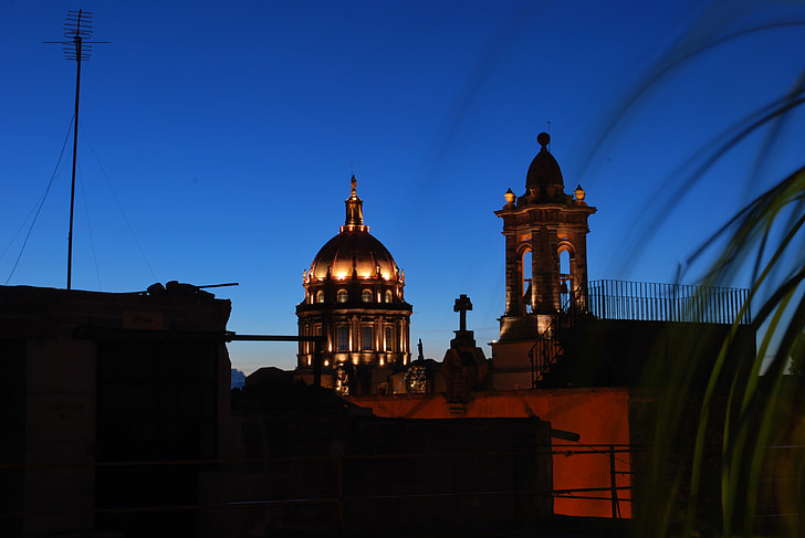 San miguel de allende, Mexico, kyrkan, Skyline, kyrkor, natt, solnedgång
