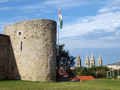 Baranya, Pecs, murs, Centre ville, Église, drapeau, Cathédrale