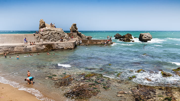 Ain taya, Alžírsko, Stredomorská, vody, letné, modrá, pobrežie