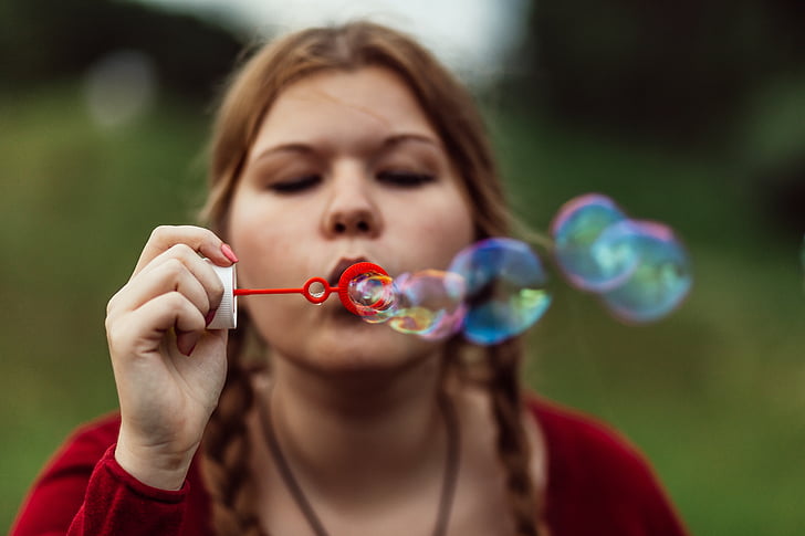 soap bubble, girl, pigtail, braided hair, braid, soap, happy
