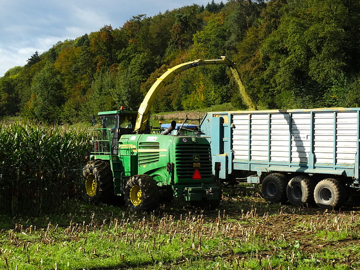 harvest time, corn harvest, harvest, tractor, autumn, trailers, fling
