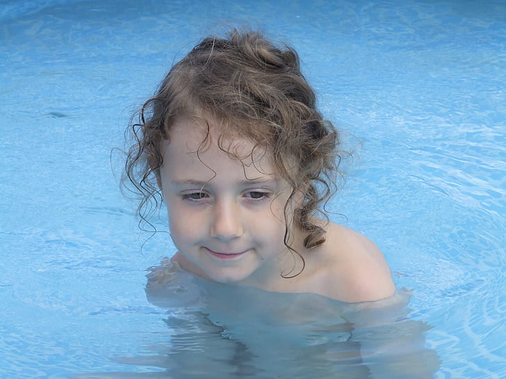 child, girl, curls, swim, water, summer, swimming pool