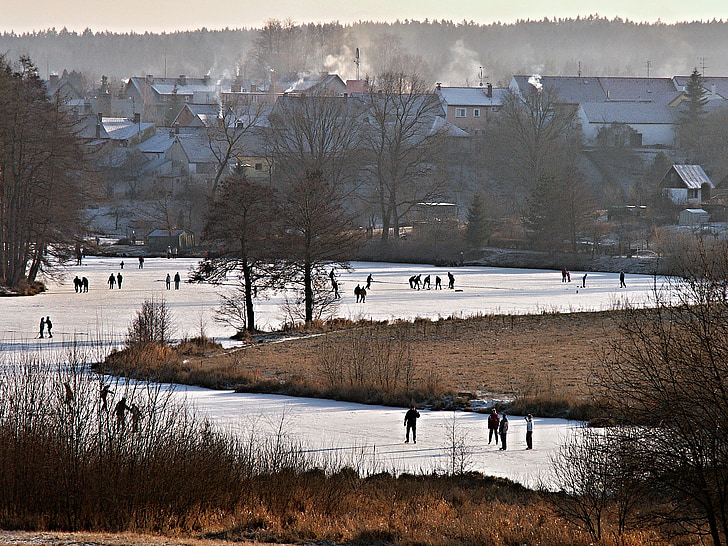 winter, pond, ice, skating, hockey, skaters, skater