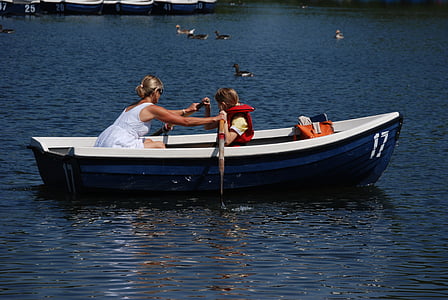 rowing, rowing boat, boat, fun, lake, woman, mother