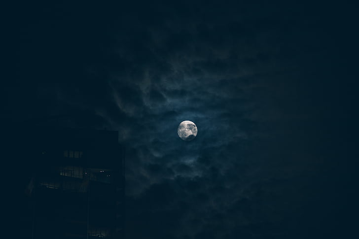 pastatas, tamsūs debesys, Pilnatis, mėnulis, naktį, nakties dangus, siluetas