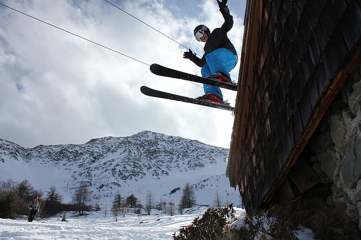 Ski, -stap-springen, sneeuw