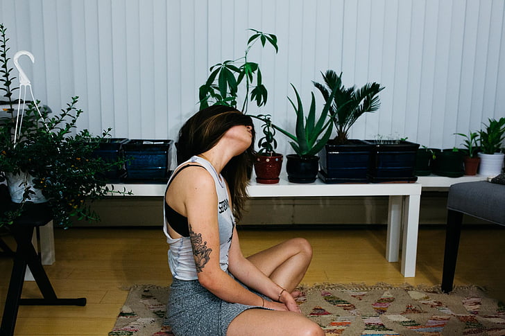 female, girl, indoors, plants, relaxing, sitting, stretching