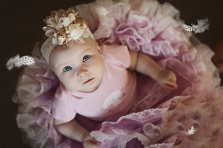 beba, djevojka, balerina, perje, portret, osoba, plave oči
