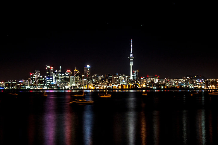 natt, Auckland, New zealand, byen, berømte place, bybildet, arkitektur