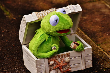 kermit, frog, chest, mussels, fishing net, toys, green