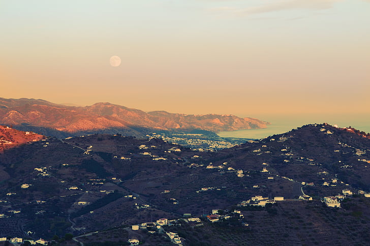 Hills, Taloja, Moon, Luonto, Sea, Mountain, Sunset