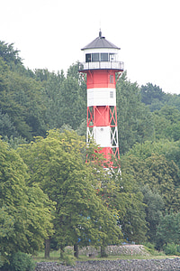 lighthouse, elbe, river, building, germany, landscape, trees