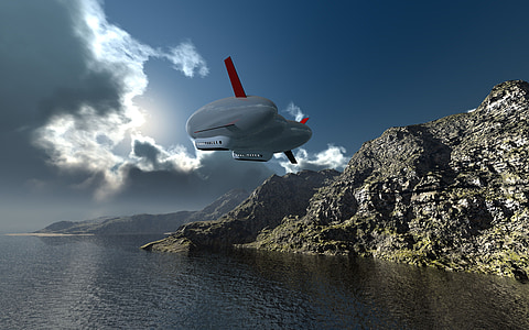 kapal udara, komputer grafis, 3D, karya seni digital, dramatis langit, awan