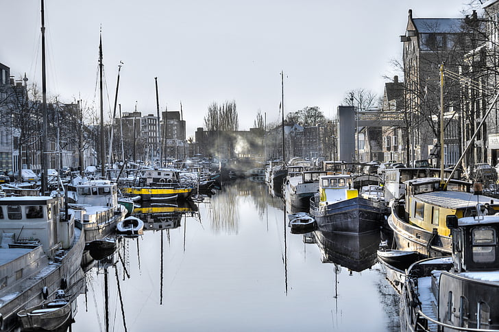 Groningen, canal, Holandês, Turismo, Barcos, HDR, Países Baixos