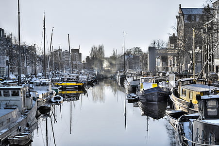 Groningen, canal, Néerlandais, Tourisme, bateaux, HDR, Pays-Bas
