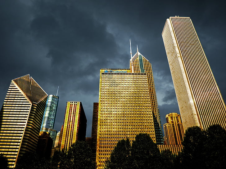 chicago, downtown, dawn, thunderstorm, buildings, skyscraper, architecture