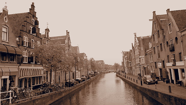 Canal, gamla tider, trappgavel, Canal house, Nederländerna, Street, staden