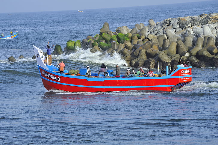 horgászcsónak, perumathura beach, színes, Trivandrum, négylábúak, Ramachandran madhavankutty fb, tenger