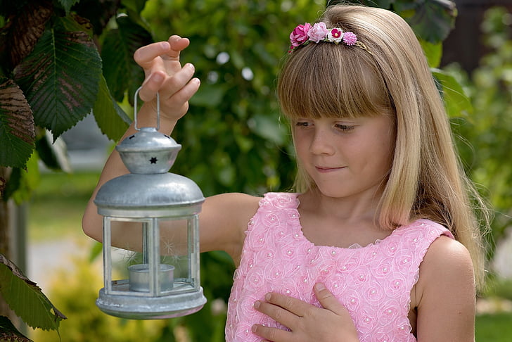 child, girl, blond, lantern, out, nature, green