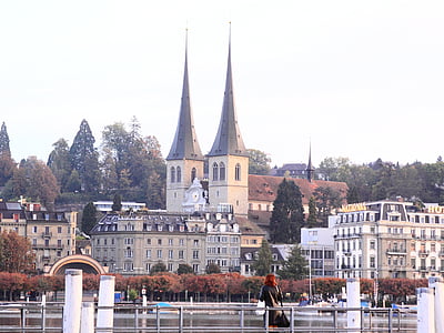 Torre, Spire, Iglesia, Lago, edificio, superficie del agua, Suiza