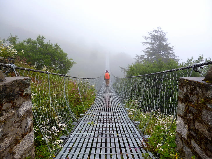 pont, pont suspendu, Trekking, brouillard, Népal
