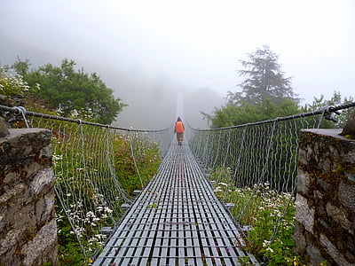 bridge, suspension bridge, trekking, fog, nepal