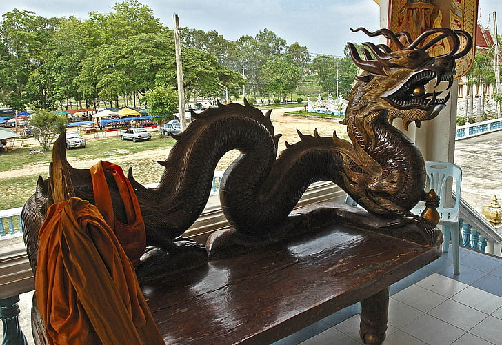 Dragons, Bank, trä, carving, Thailand