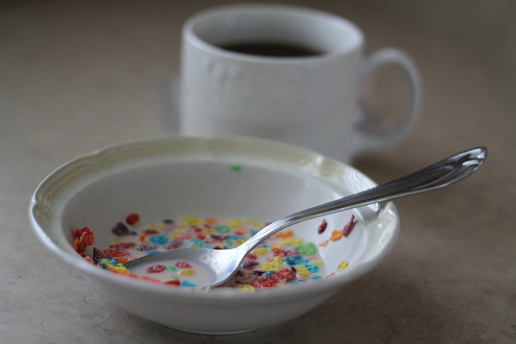 cereal, coffee, fruity cereal, bowl, milk, breakfast, morning