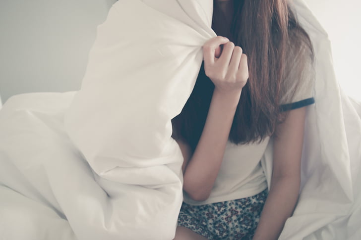 bed, blanket, female, girl, hair, hand, hiding