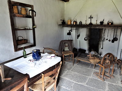 Museum, perabot lama, memasak zona, Meja, kursi, di dalam ruangan, kuno