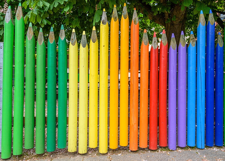 hegnet, farverige, børnehave, blyanter, lakeret træ, farve, have hegn